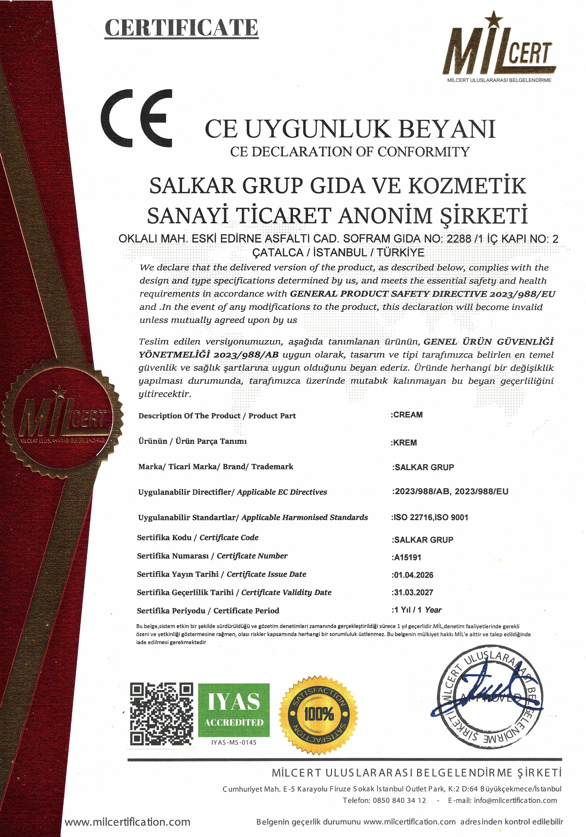 CE Sertifikası — SALKAR Grup uygunluk belgesi