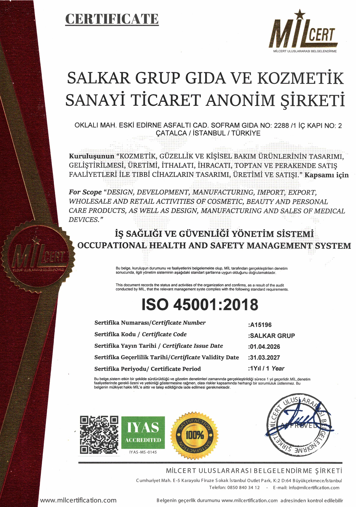 ISO 45001 İş Sağlığı ve Güvenliği Yönetim Sistemi Sertifikası — SALKAR Grup