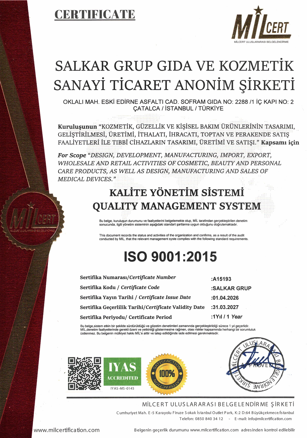 ISO 9001 Kalite Yönetim Sistemi Sertifikası — SALKAR Grup